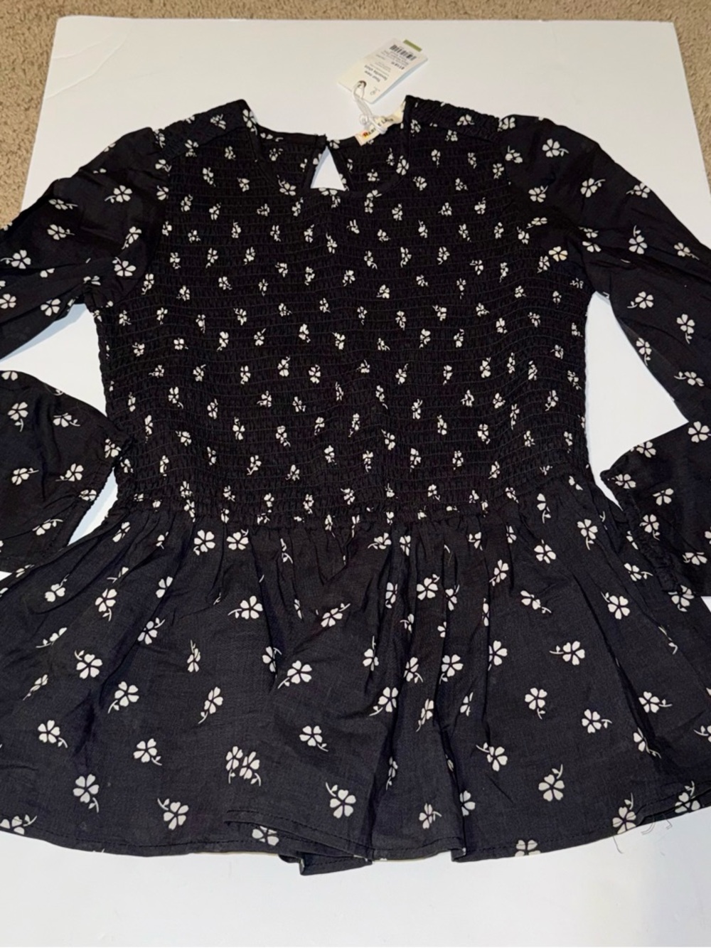 Marine Layer Black Floral Smocked Peplum Tunic